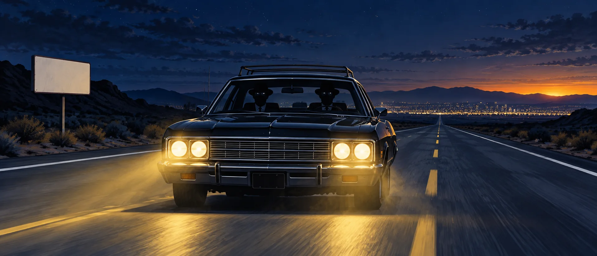 A black sedan with its headlights blazing speeds down an empty highway at dusk.