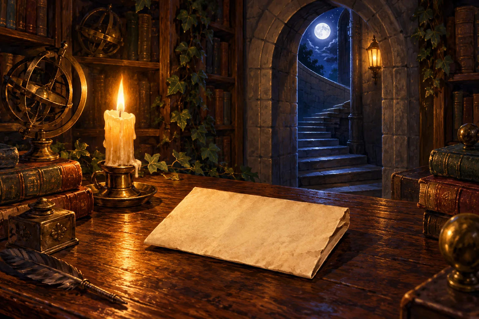 Blank folded parchment lies beside a candle on a wooden library desk, with a moonlit staircase through a stone arch.