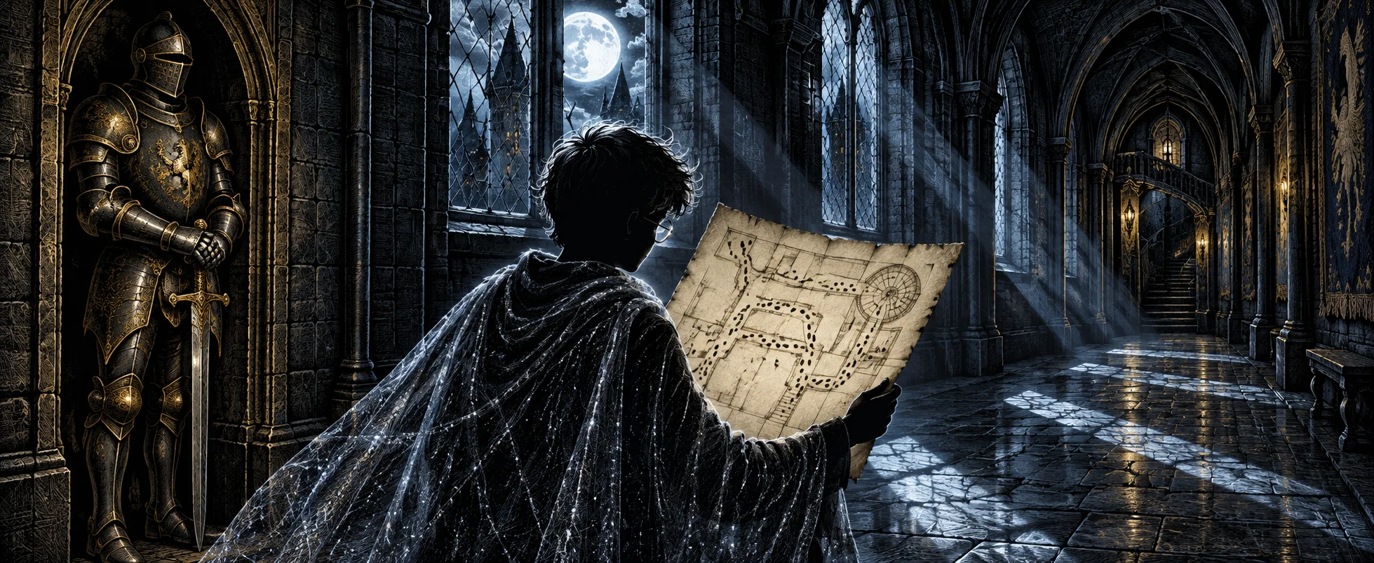 A boy under a shimmering cloak holds open an old parchment map in a moonlit stone corridor beside a suit of armour.