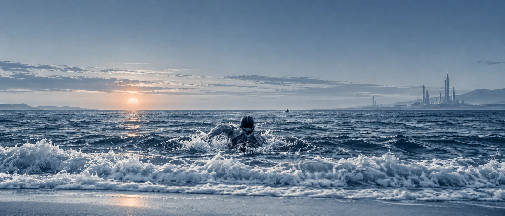 A lone swimmer pushes out through the breaking waves of a grey open sea at dawn, a futuristic coastline far behind.