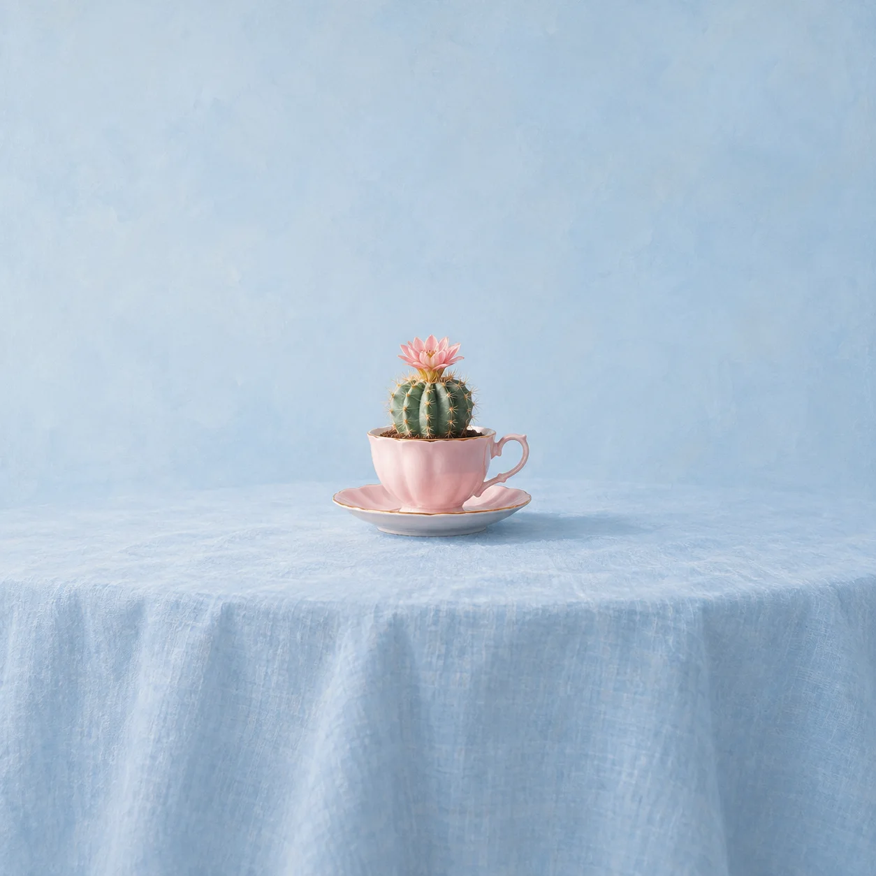 A small flowering cactus grows in a pink teacup and saucer on pale blue cloth.