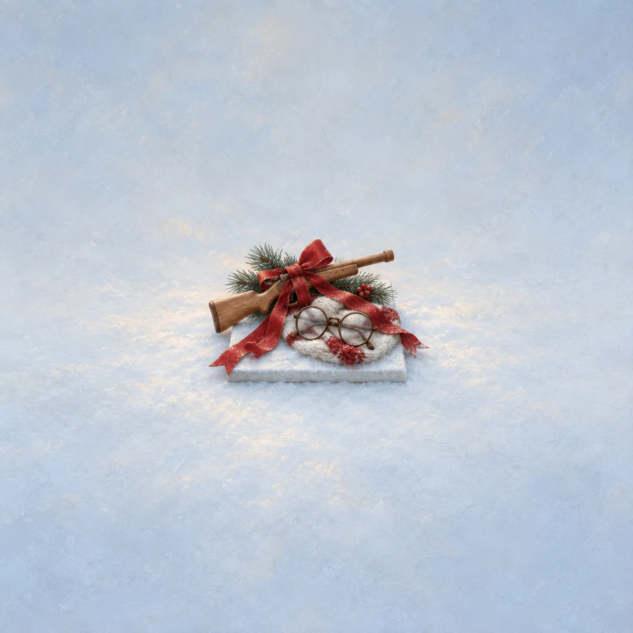 A wooden toy rifle tied with a red bow rests beside round spectacles and evergreen sprigs on a snowy slab.