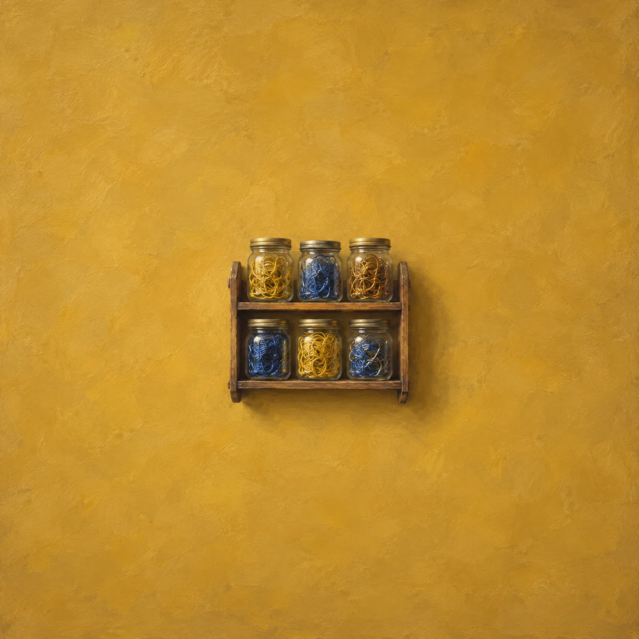 Six jars of tangled blue and yellow wire sit on a small wooden shelf.