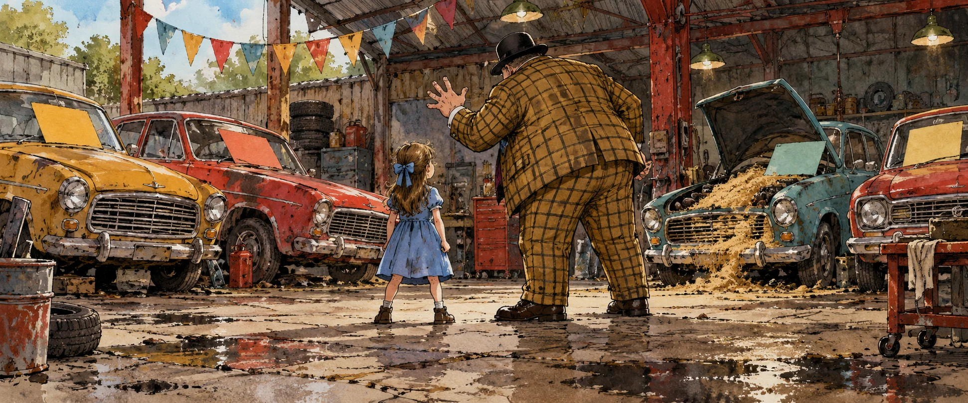 A loud man in a yellow check suit lectures a small girl in a blue dress at his shabby used-car lot.