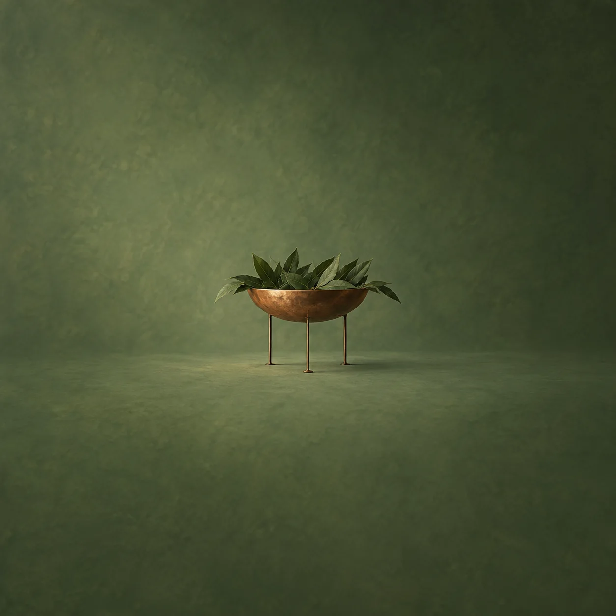 A shallow copper bowl filled with green leaves balances on three slender legs.