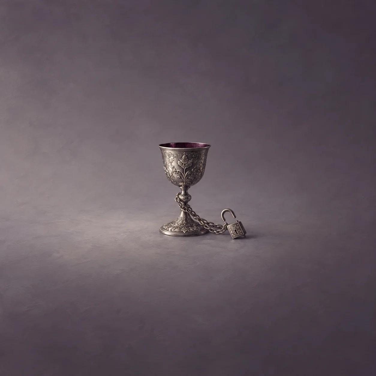 A silver goblet with a chain looped around its stem leading to an open padlock beside it.