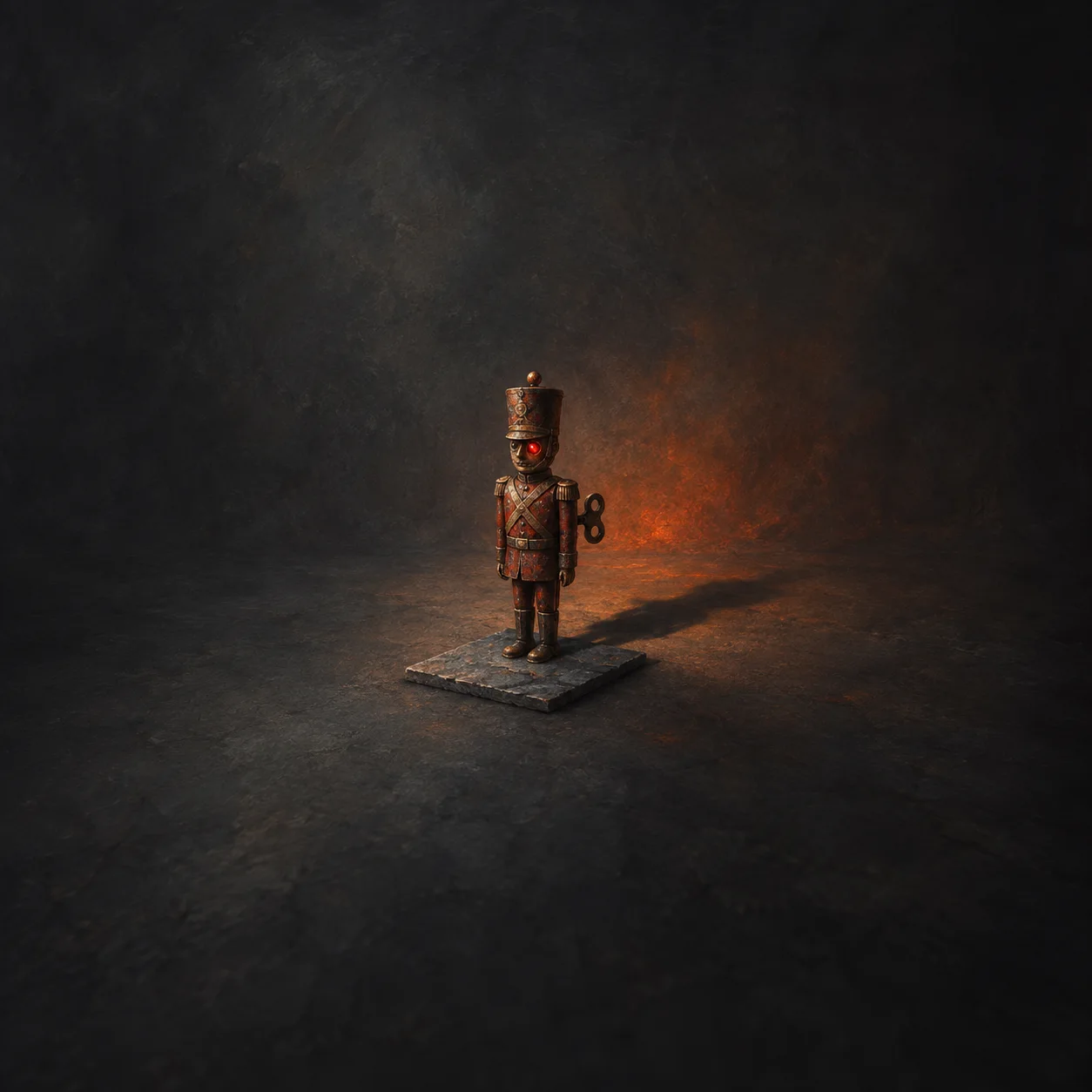 A rusted wind-up toy robot with a red eye standing on a dark tile, casting a long shadow.