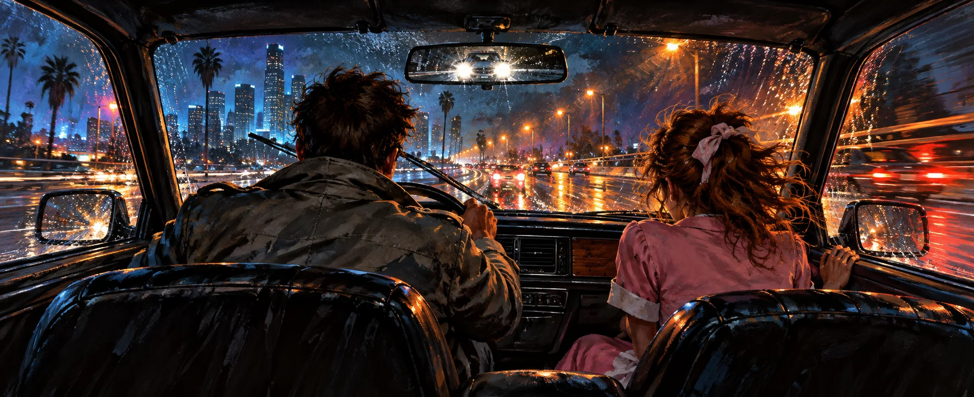 Seen from the back seat, a soldier in a trench coat drives a sedan through rainy Los Angeles at night beside a frightened young woman.