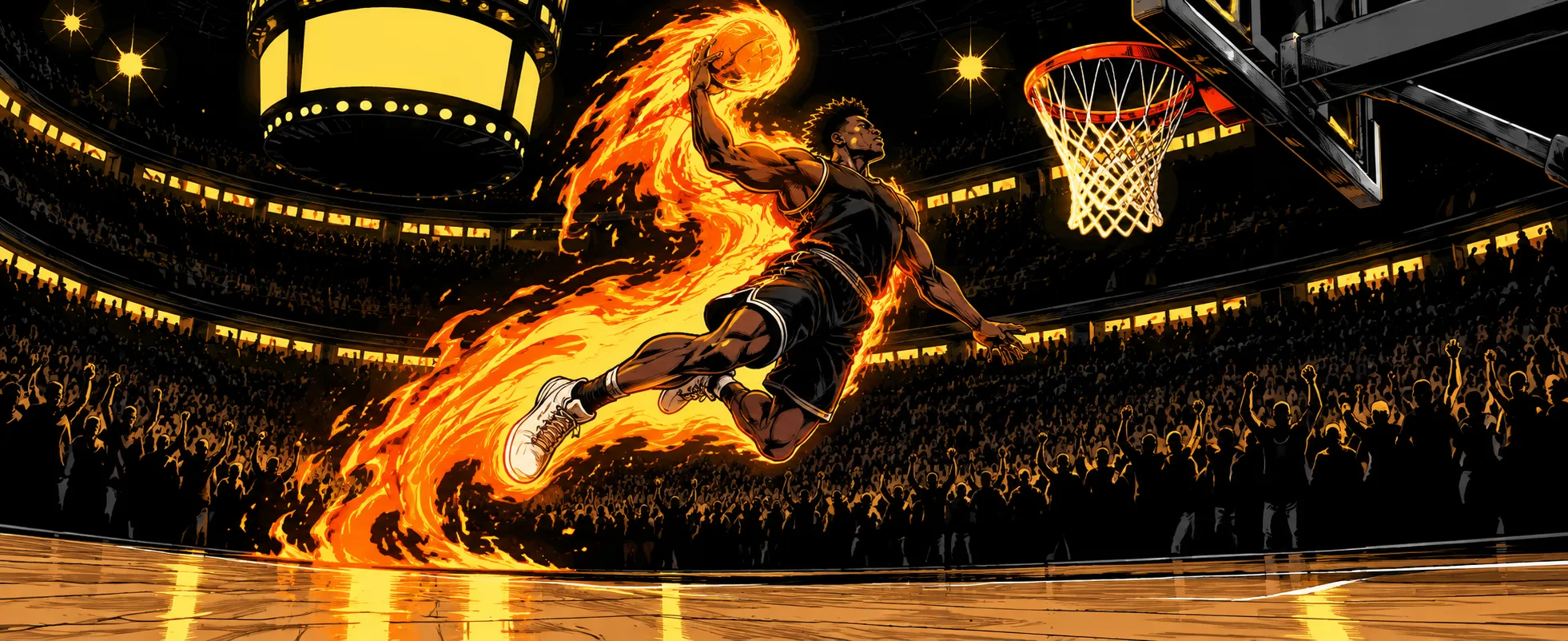 A basketball player soars to the hoop trailing flames in a packed arena.