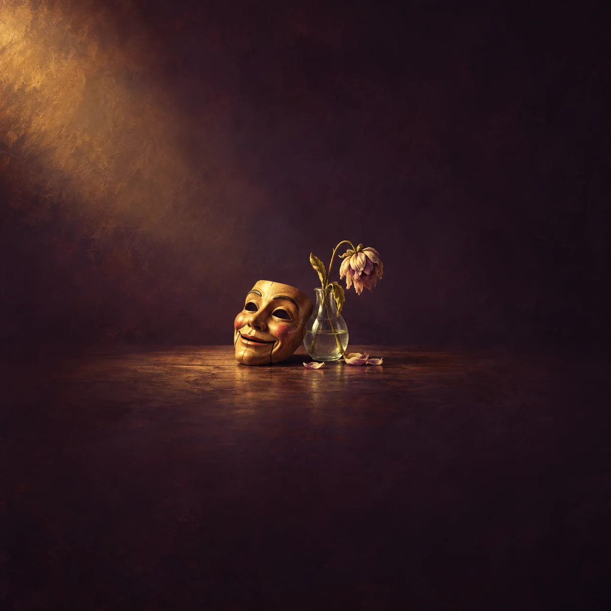 Painterly gold smiling mask beside a wilted flower in a glass vase under warm light.