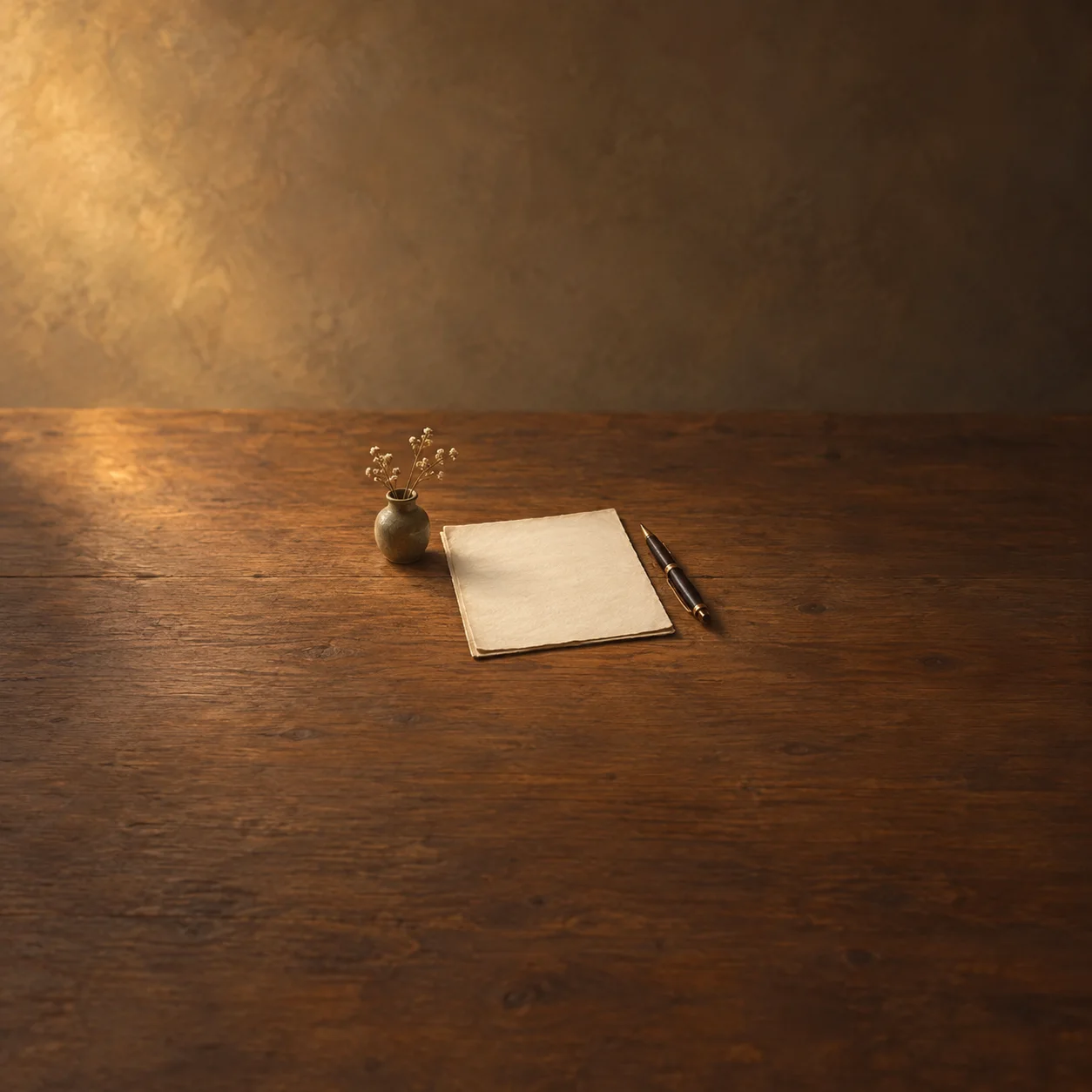 Blank papers and a black-and-gold pen lie beside a small vase of dried flowers on a wooden table.