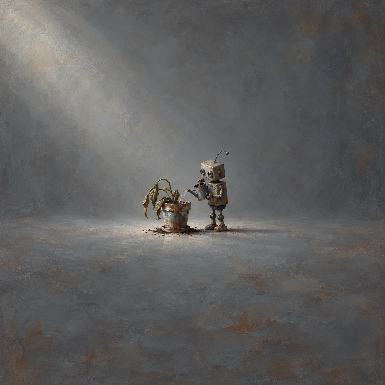 Painterly small weathered robot holding a watering can beside a wilted potted plant on grey.