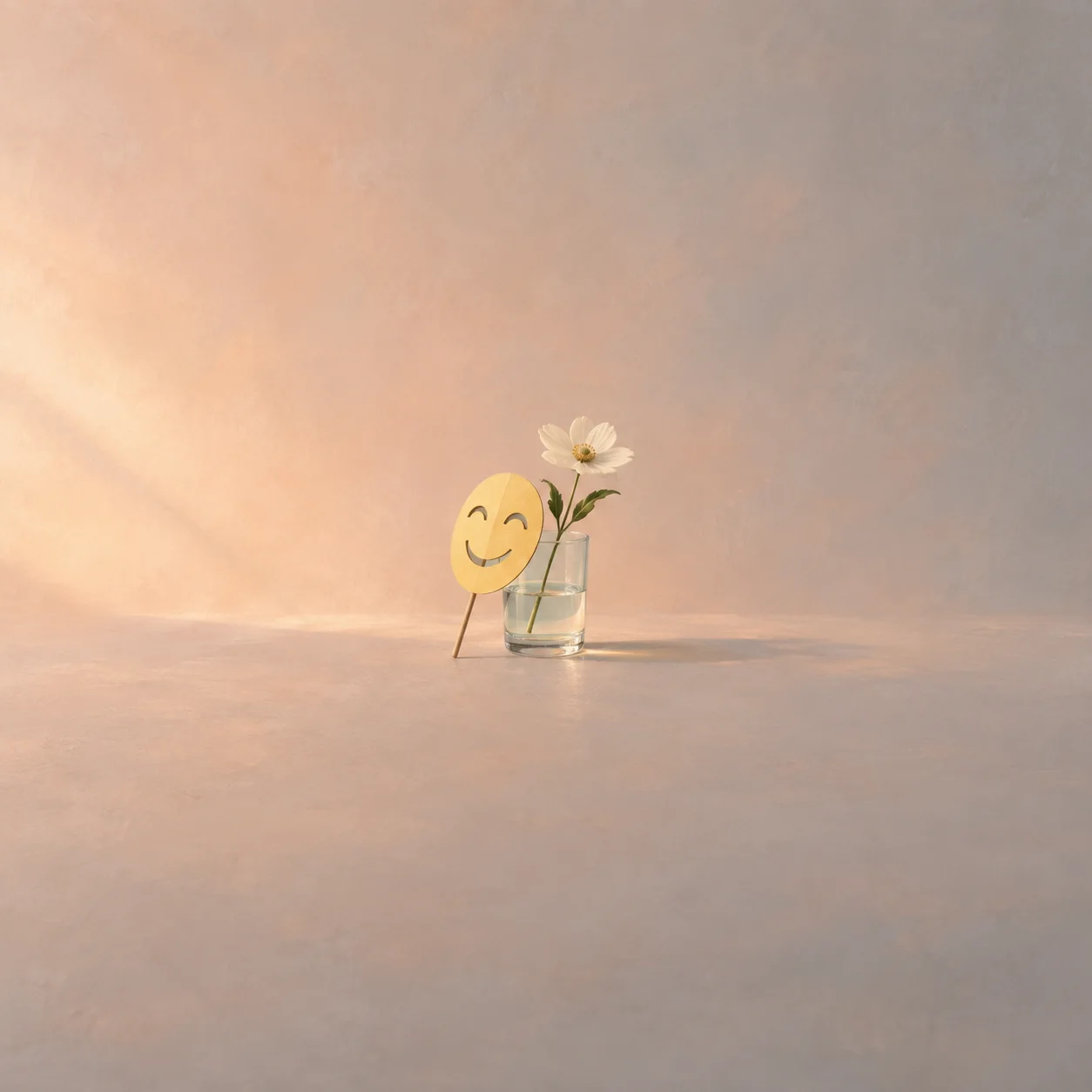 A smiling yellow paper mask on a stick leans beside a white flower in a glass of water.