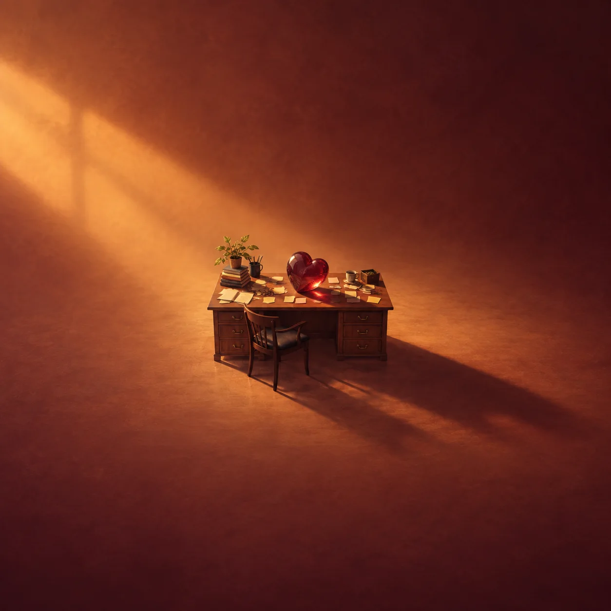 Painterly red heart-shaped paperweight on a wooden desk covered with small notes.