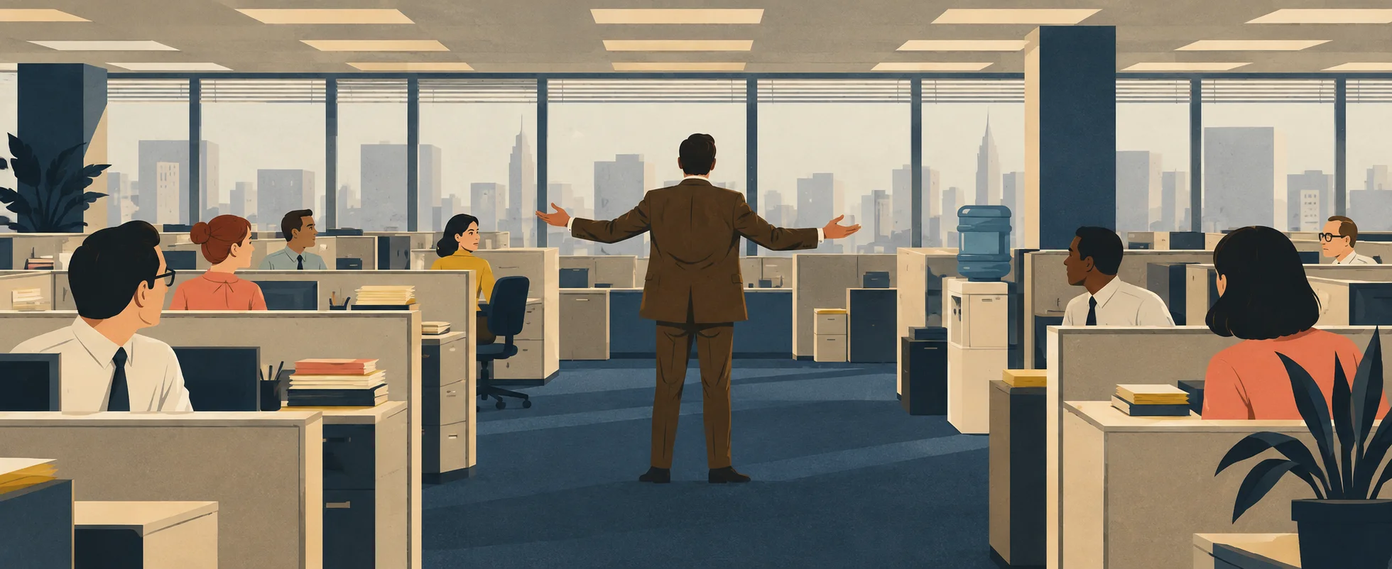 A man in a brown suit stands with his arms out in the middle of an open-plan office of cubicles and workers.