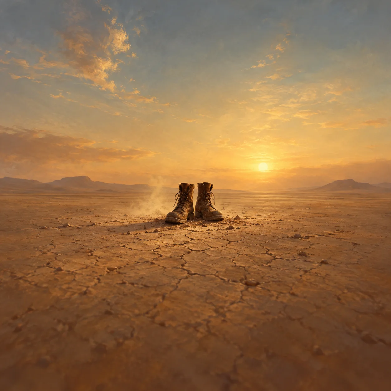 A pair of scuffed brown boots stands on cracked desert earth beneath a glowing sunrise.