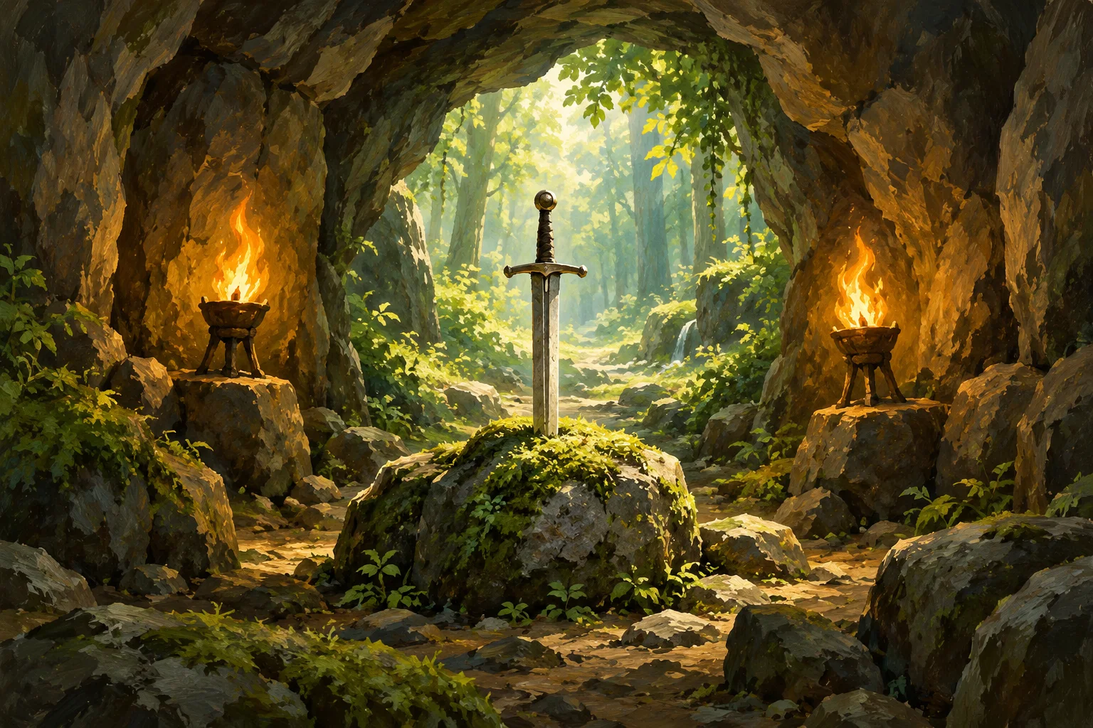 A plain sword rests upright on a mossy stone between two torch flames in a cave opening onto a green forest.