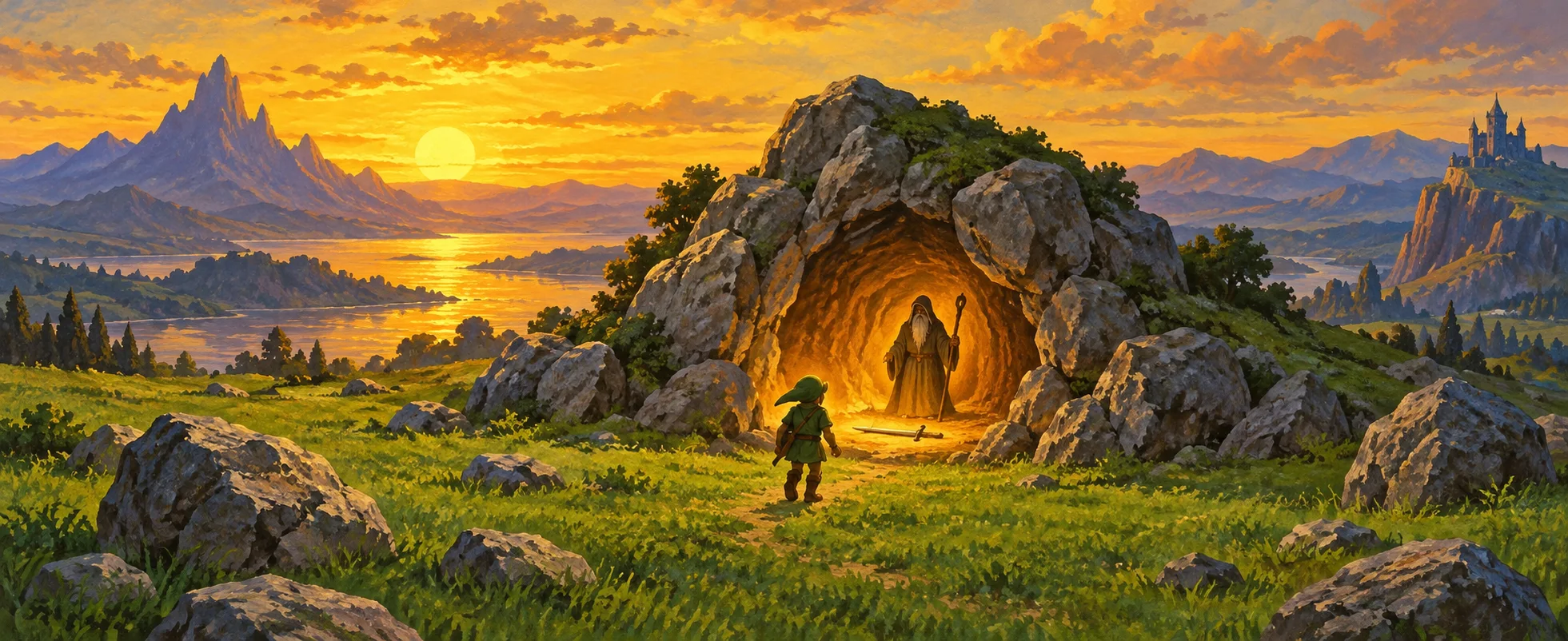 A small hero in green stands at the mouth of a glowing cave where an old robed man waits, a wide land stretching away at sunset.