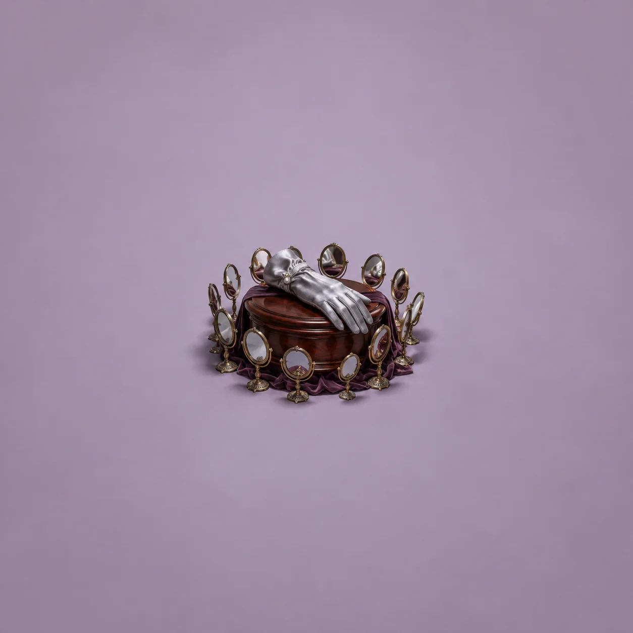 A gray glove draped over a small wooden pedestal surrounded by miniature framed mirrors against a lilac background.