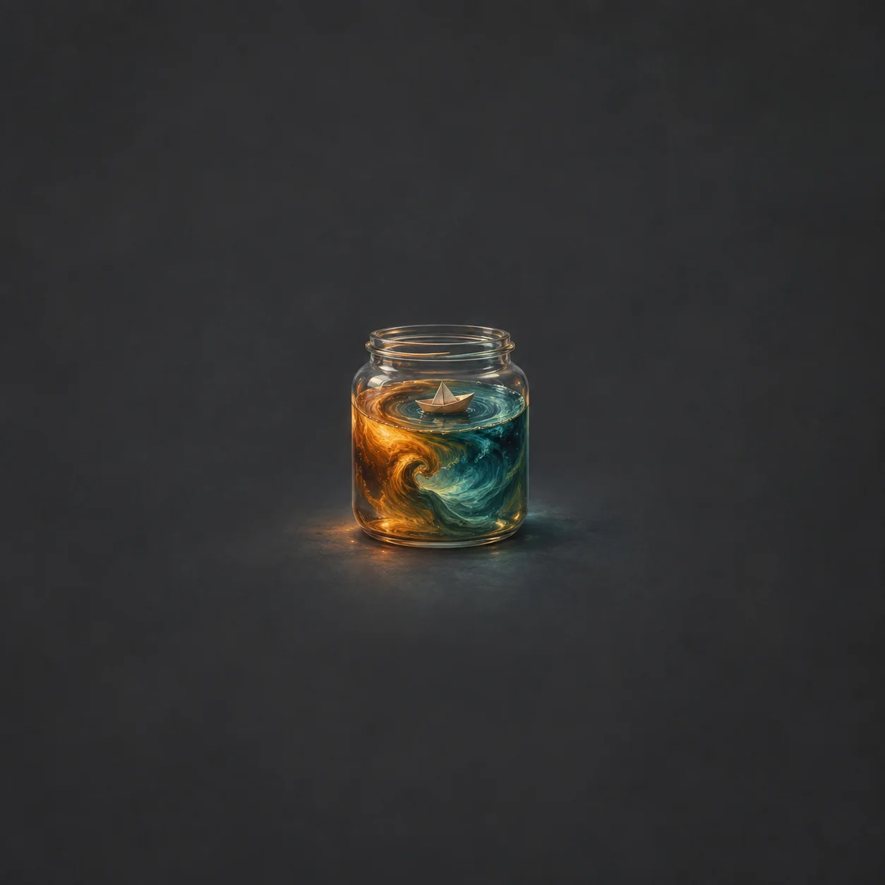 A glass jar filled with swirling amber and teal liquid, with a tiny paper boat at the surface against a dark gray background.