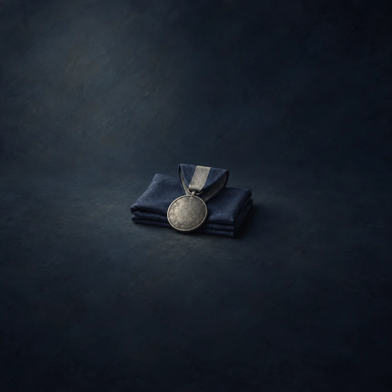 Painterly round silver medal and ribbon resting on folded dark blue cloth.