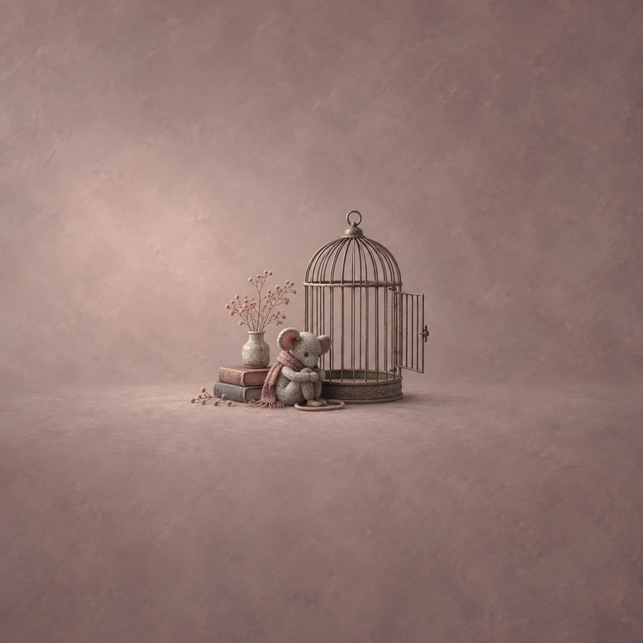 A small gray toy mouse sits beside an open birdcage, stacked books and a vase of dried stems against a dusty rose background.