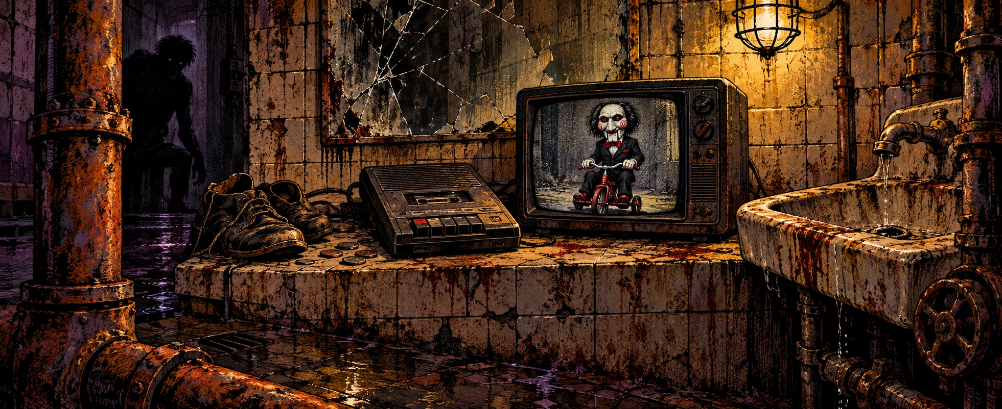 A small television in a filthy tiled bathroom shows a pale-faced puppet on a red tricycle, a tape recorder on the ledge beside it.