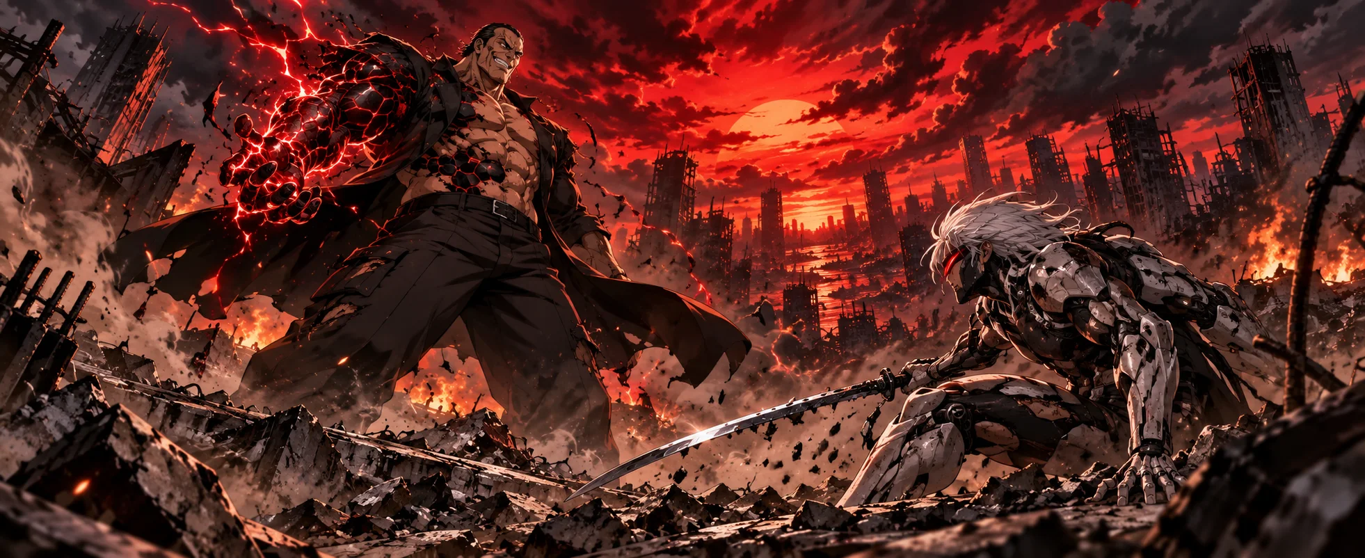 A huge shirtless senator, his skin hardening into black plating with red sparks, towers over a white-haired cyborg swordsman in a burning, ruined city under a blood-red sky.