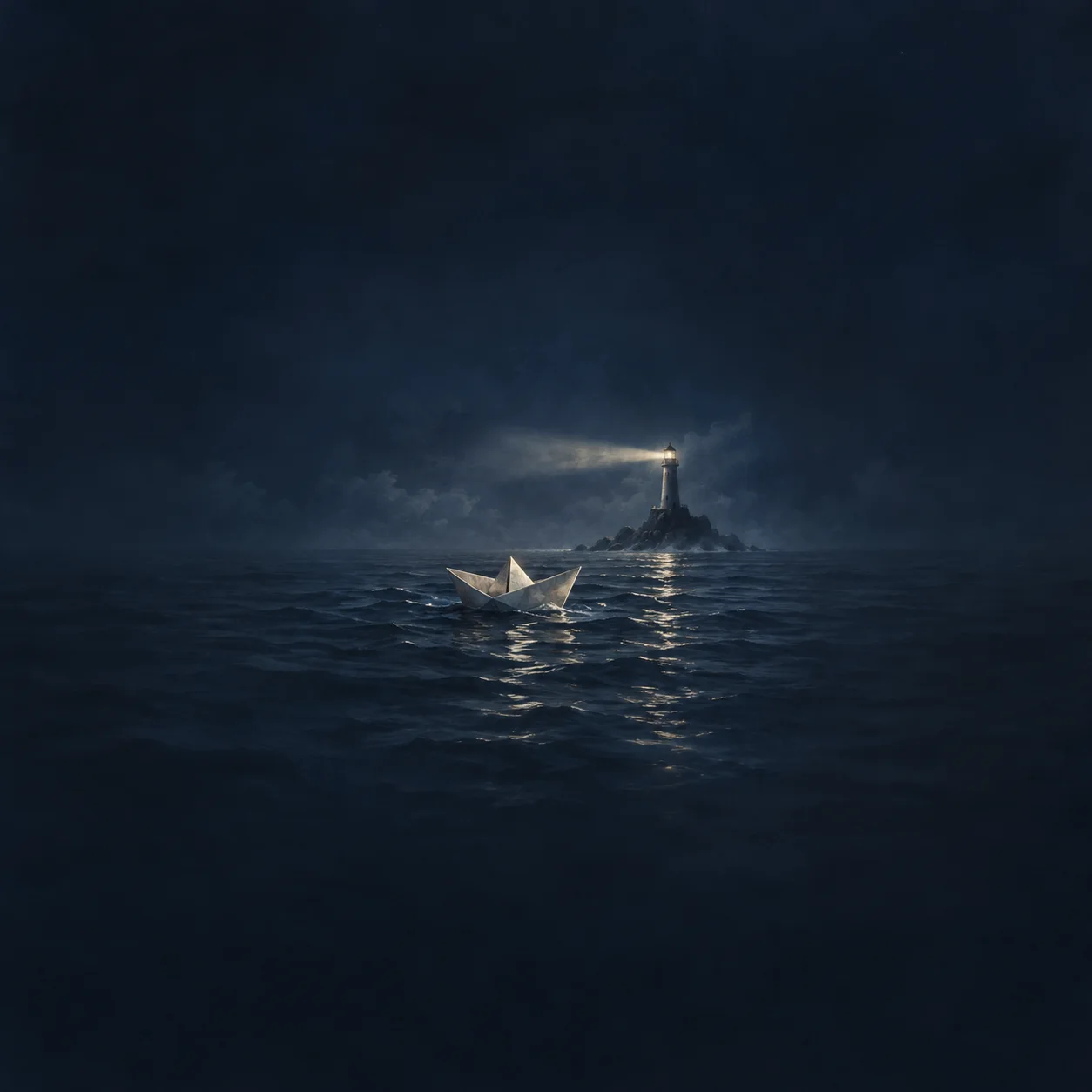 A small white paper boat floats on dark rippled water toward a distant lit lighthouse.