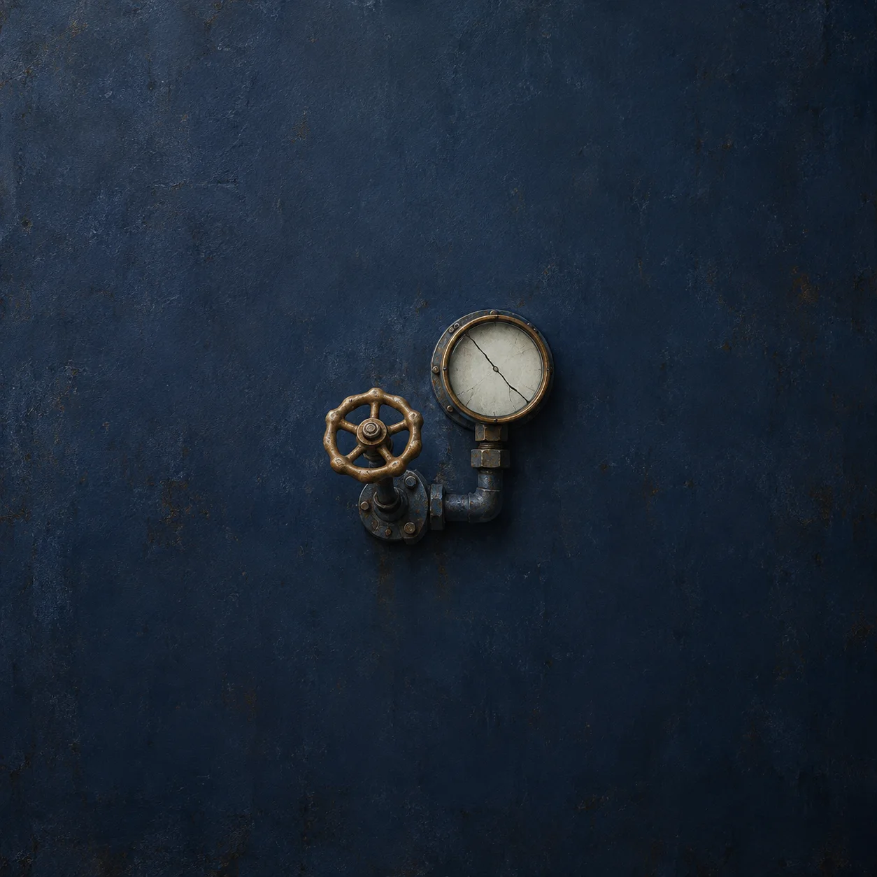 Painterly brass valve wheel and round pressure gauge mounted on a dark navy wall.