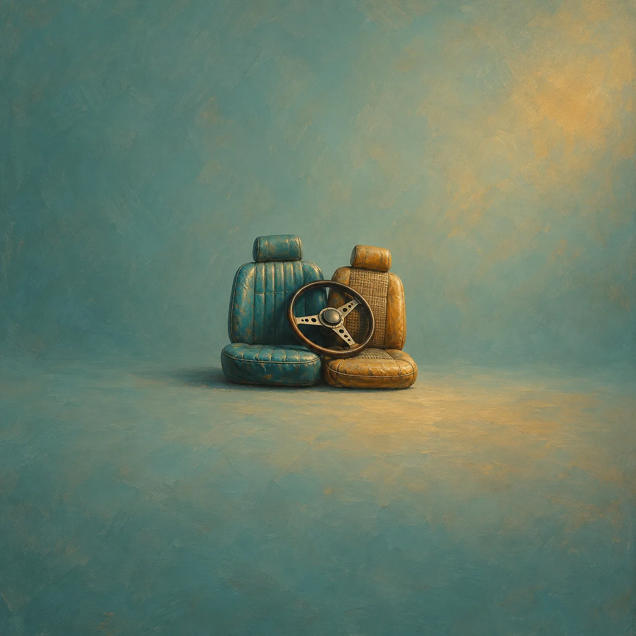 Painterly teal and ochre car seats with a steering wheel on a muted teal surface.