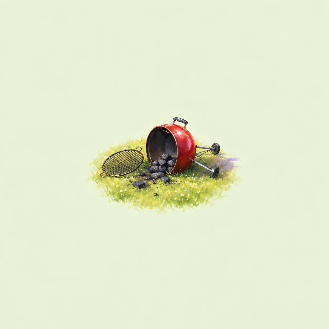 A small overturned red grill spilling charcoal on green grass beside its detached round grate.