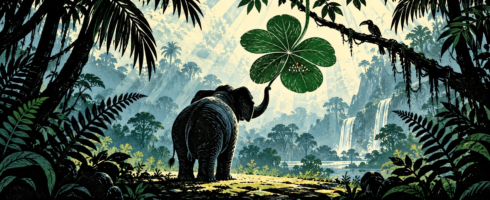 An elephant in a misty jungle holds up a huge clover leaf in his trunk beneath a waterfall.