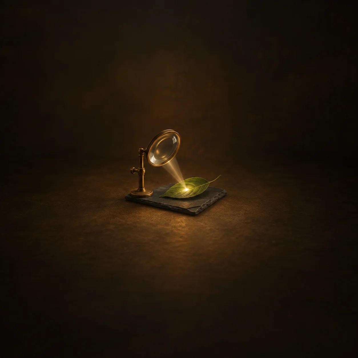 A magnifying lens on a brass stand directs a bright spot of light onto a green leaf resting on a dark tile.