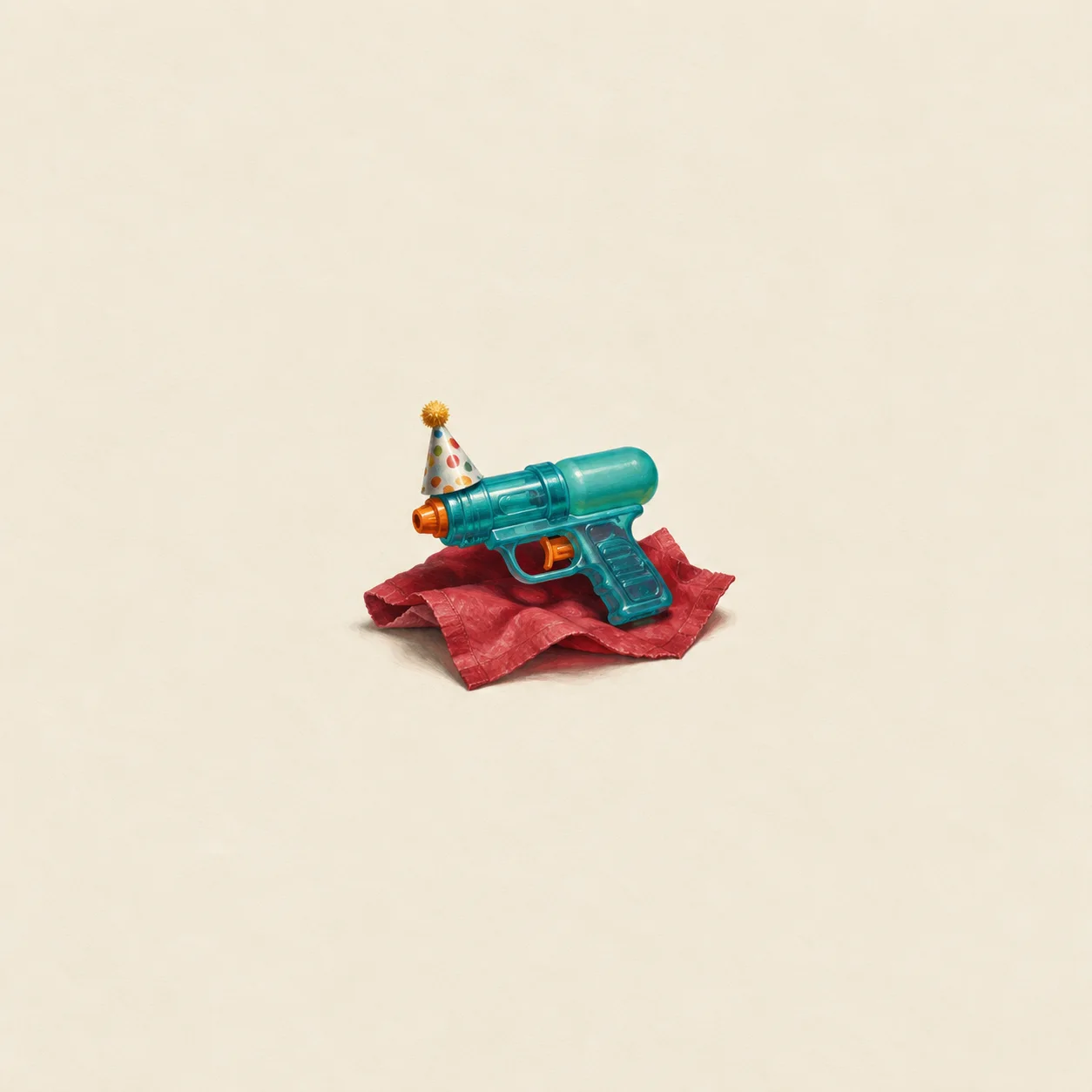 A teal toy water pistol wearing a small party hat rests on a crumpled red napkin.