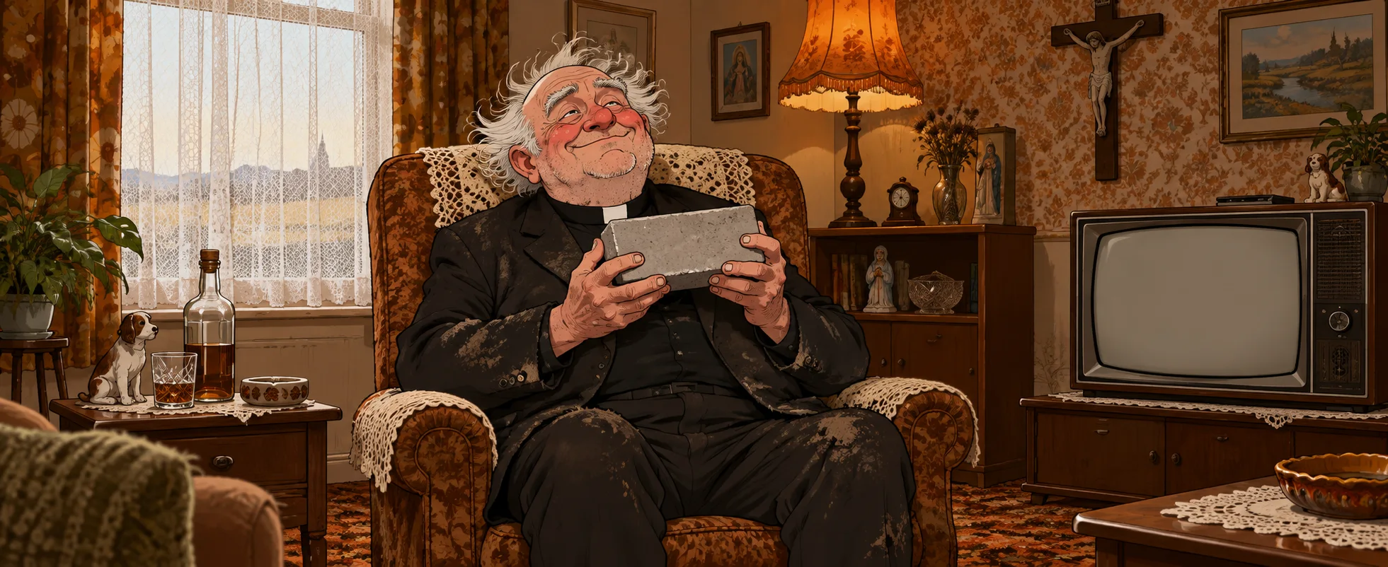 Father Jack sits in his armchair cradling a grey brick with a blissful smile, beside a whiskey bottle and an old television in the brown parochial sitting room.