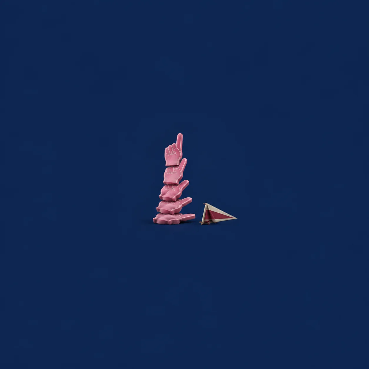 Five pink foam fingers in a sagging stack next to a folded pennant on a navy background.