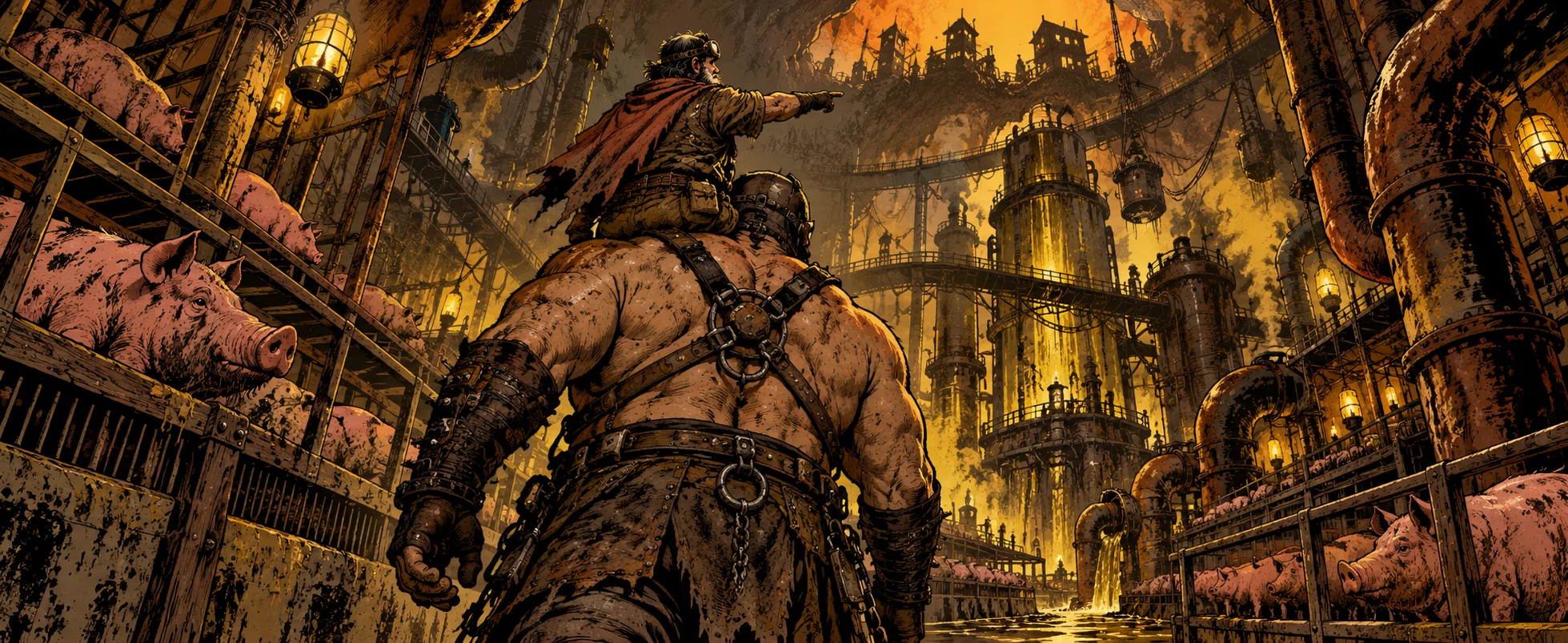A giant masked bodyguard carries a small bearded man in goggles on his shoulders through a pipe-filled underground refinery full of pigs.