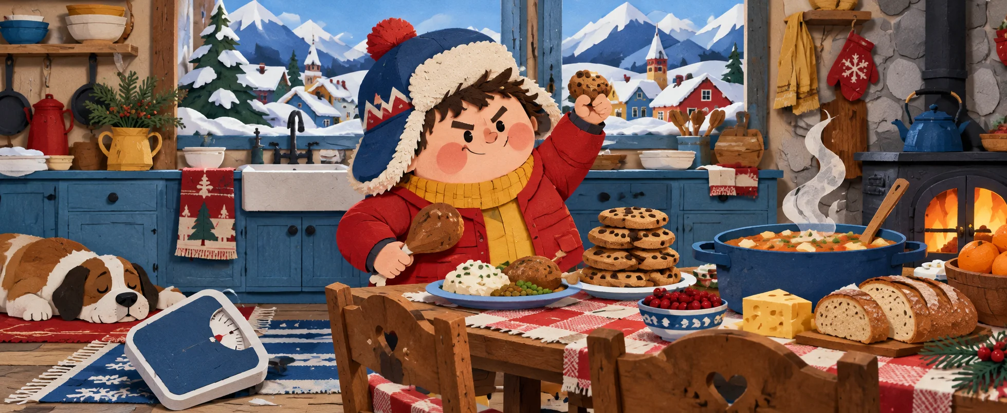 Cut-paper style illustration of a round boy in a bobble hat and red coat at a mountain-town kitchen table piled with food, one fist raised in defiance, a bathroom scale lying on the floor beside a sleeping dog.