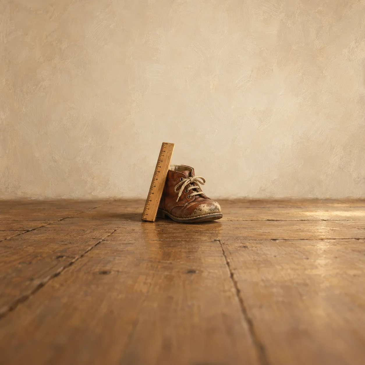A marked wooden ruler leans beside a small worn brown lace-up shoe on wooden floorboards.