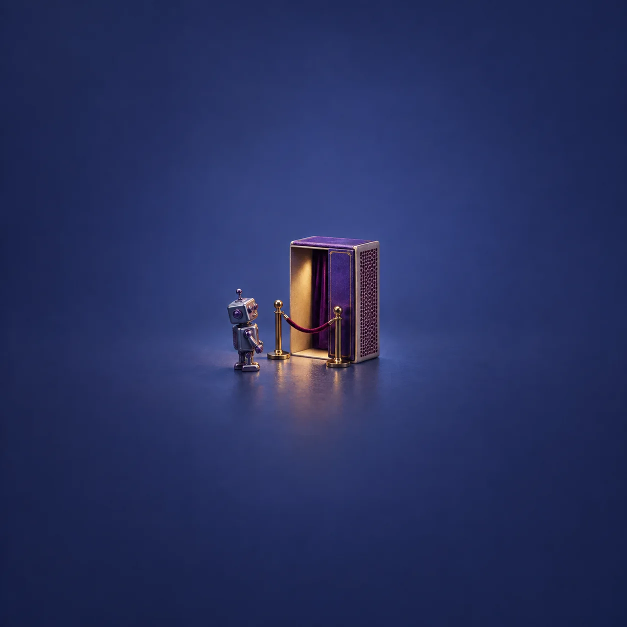A small toy robot stands beside a glowing purple doorway blocked by a velvet rope between brass posts.