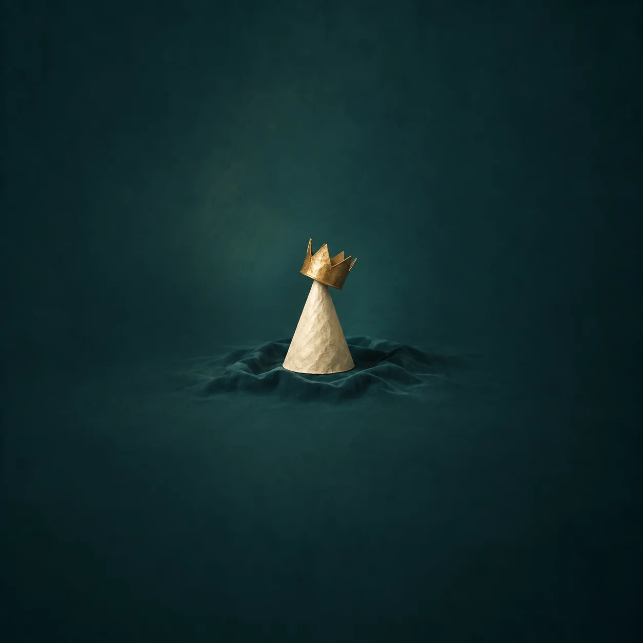 A gold paper crown rests on a cream cone-shaped hat standing on dark teal fabric.
