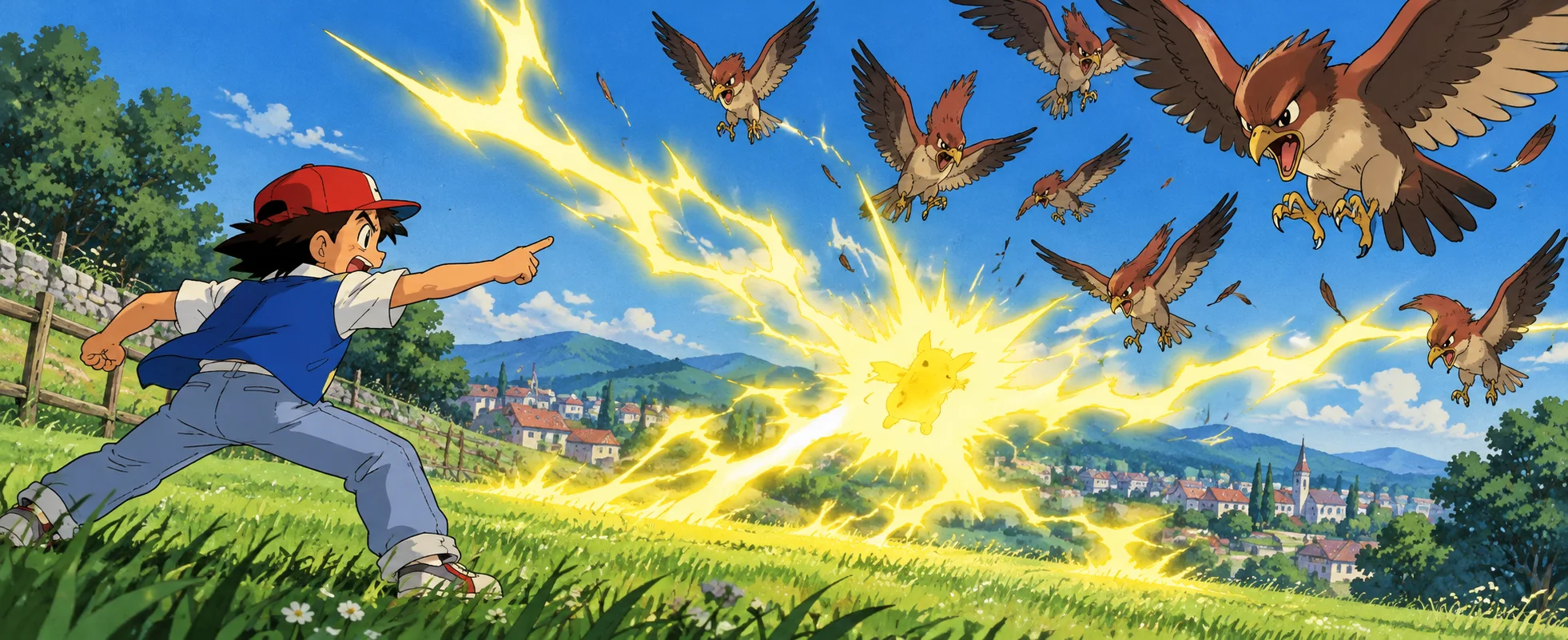 Anime illustration: a boy in a red cap points urgently across a sunny hillside meadow as a small yellow creature at the heart of a huge lightning burst blasts a flock of angry brown-and-cream birds swooping above a village.