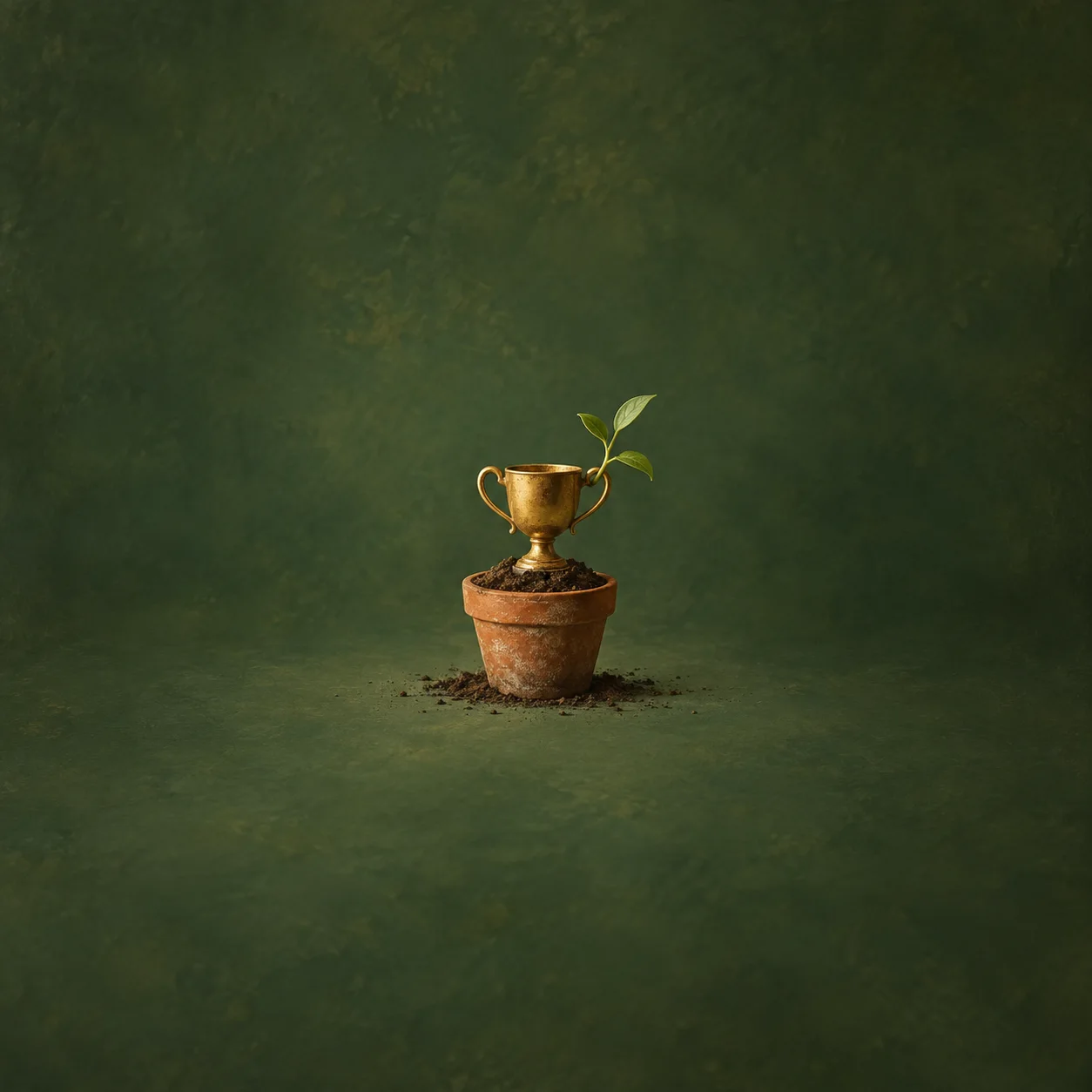 A golden trophy cup sitting in soil in a terracotta pot, with a green sprout rising beside its handle.
