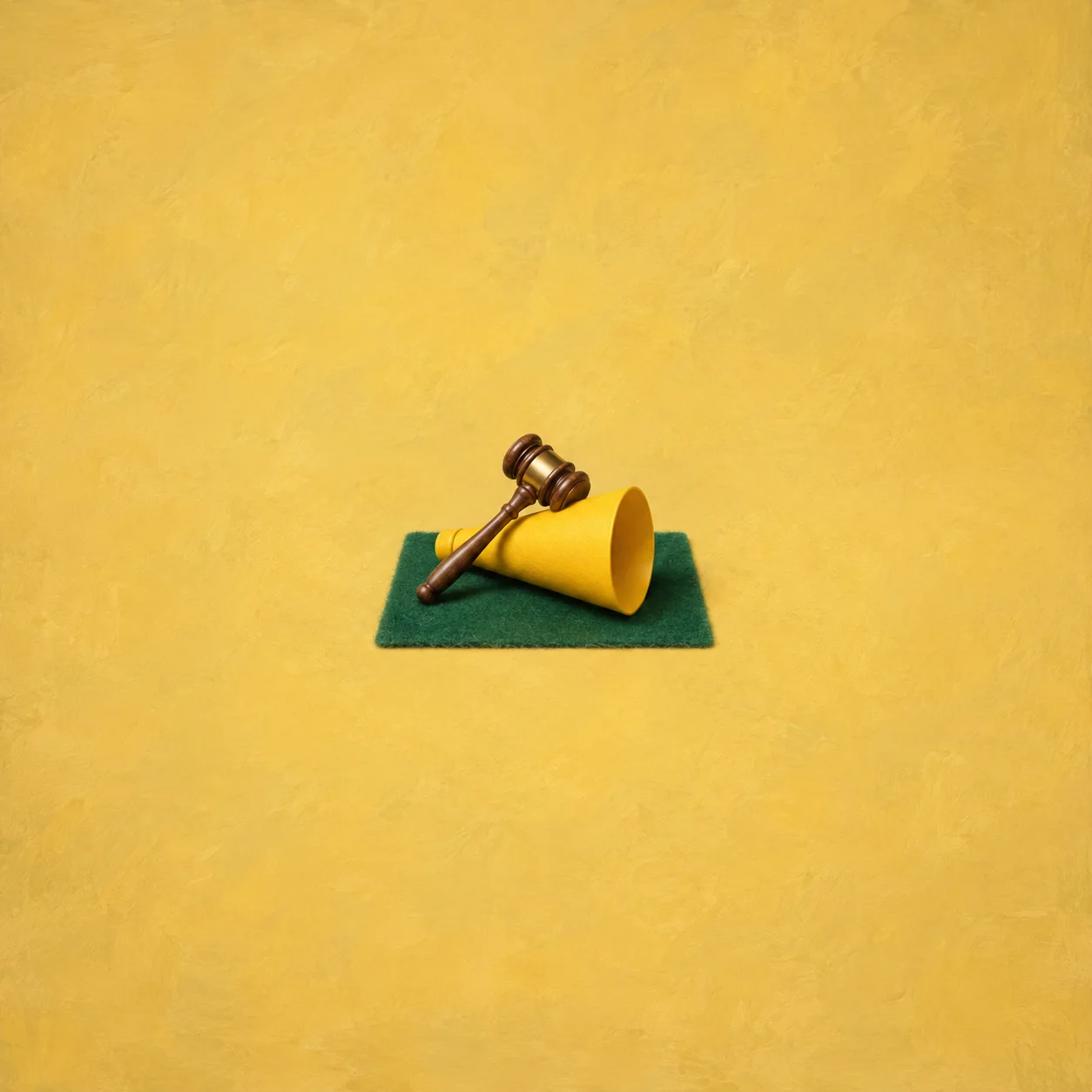 A wooden gavel rests across a yellow paper cone on a small square of green felt.