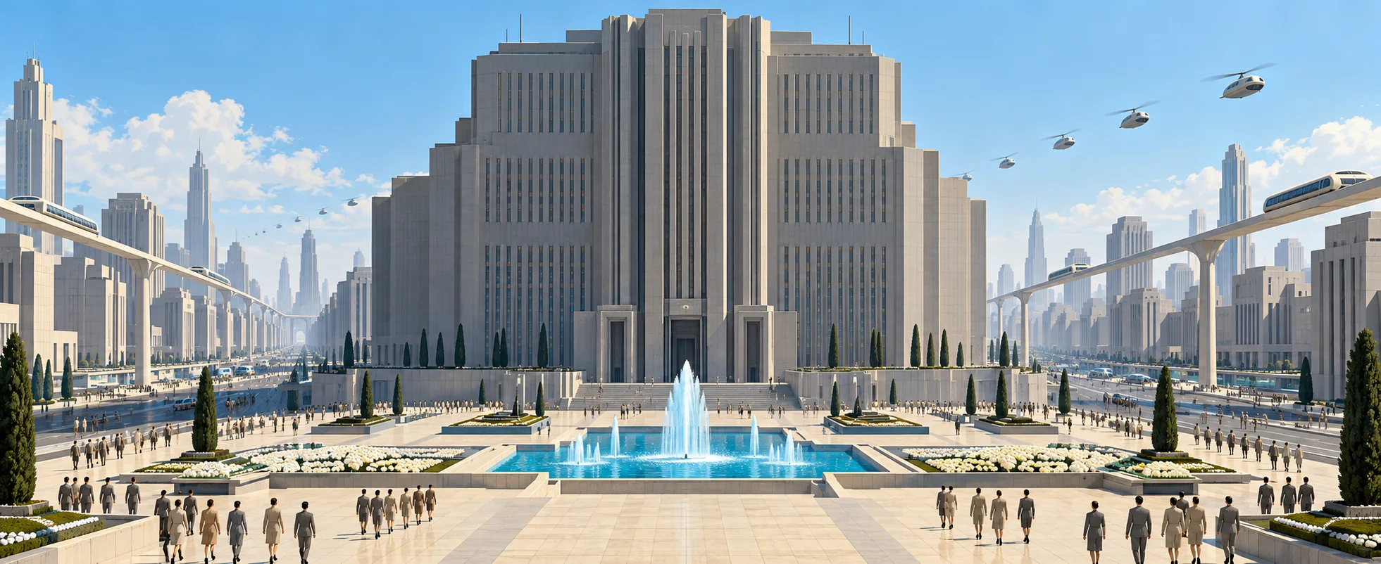 A massive grey hatchery tower stands at the end of a gleaming futuristic plaza with a fountain, monorails and flying craft overhead.