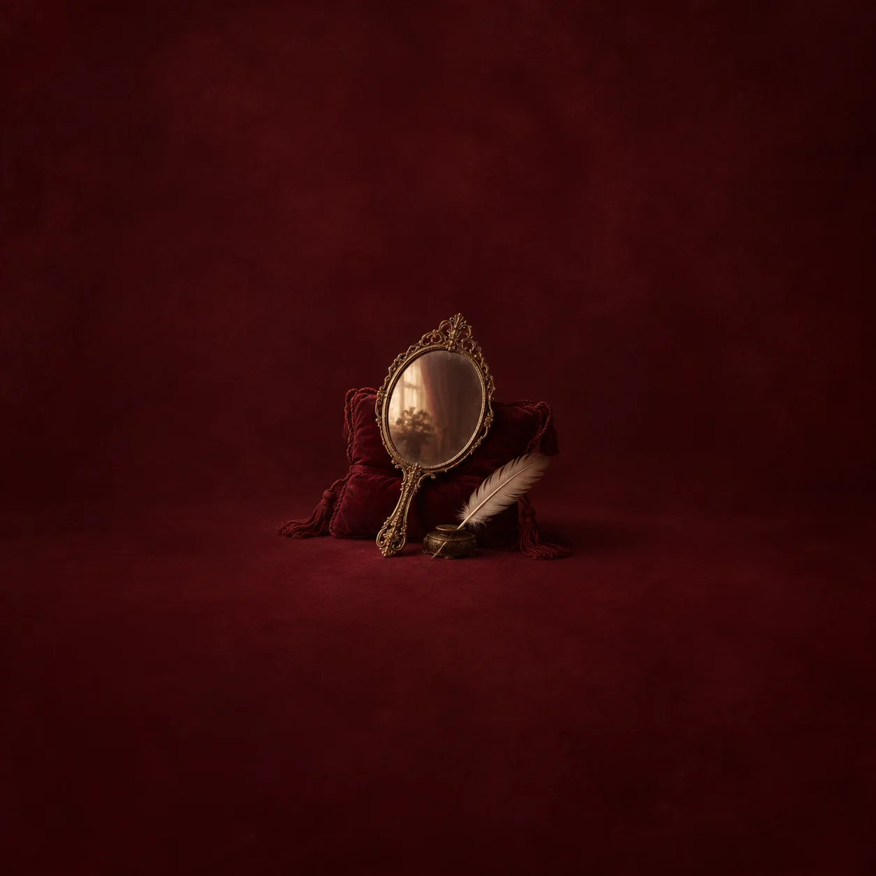 An ornate hand mirror leans against a burgundy velvet cushion beside a pale quill feather.