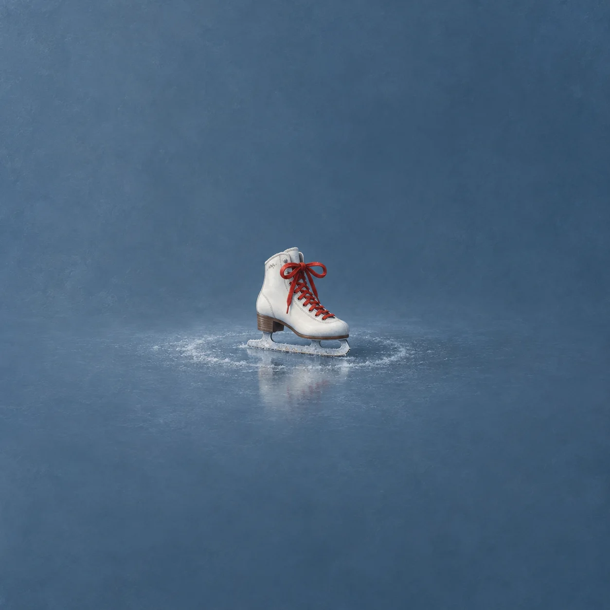 A white ice skate with red laces rests on a frosty reflective surface against slate blue.