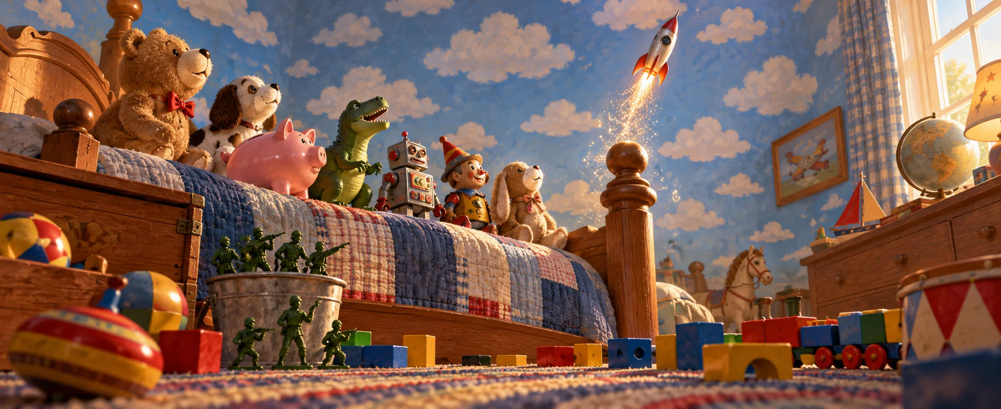 In a boy's bedroom with cloud wallpaper, a piggy bank, a green dinosaur, toy soldiers and other toys watch a little toy rocket lift off from the bedpost.