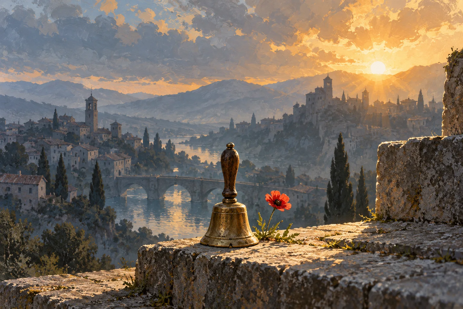 A bronze handbell and red wildflower rest on a stone ledge overlooking a town in warm light.